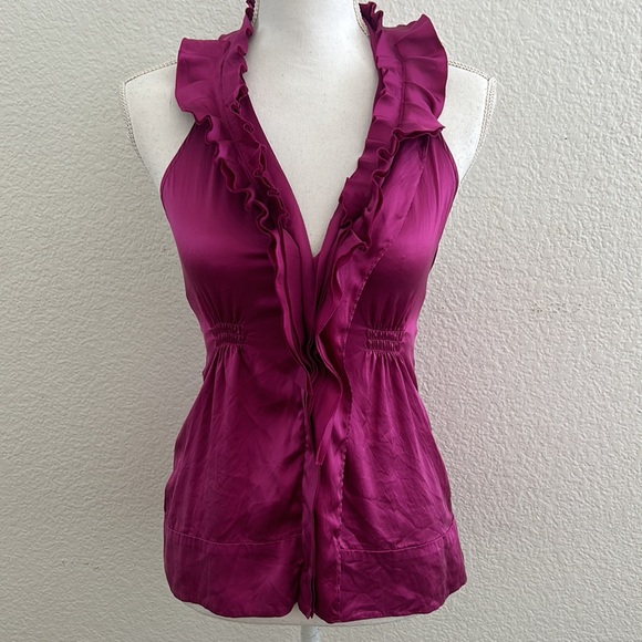 BCBGMaxAzria 90s Silk Pink Ruffle Classy Y2K Halter Top Blouse Size XXS - Picture 2 of 7